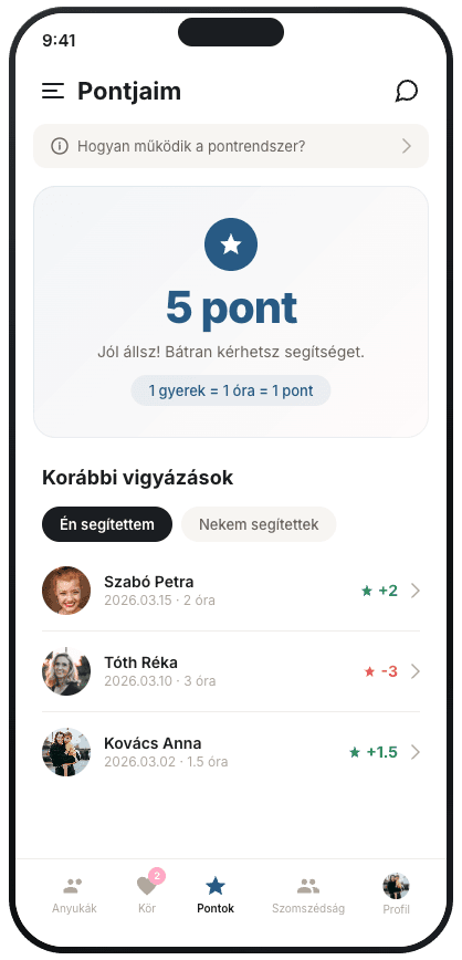 Mamasitter app — pontok képernyő